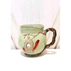 MWW Market Wren Bird Nest Eggs Green Feather Ceramic Mug Branch Handle